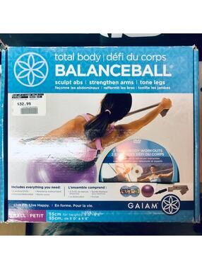 NIB Gaiam 55 cm Total Body Balanceball Kit Workout Fitness Bilingual CD Purple